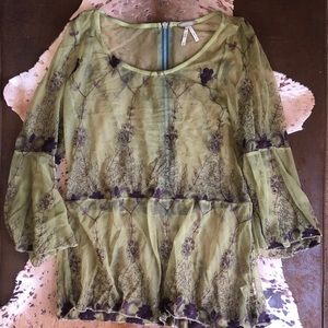 BKE Sheer three quarter sleeve embroidered blouse